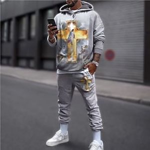 Men's Tracksuit Hoodies Set Gray Hooded Graphic Cross 2 Piece Print Sports  Outdoor Casual Sports 3D Print Basic Streetwear Designer Fall Spring Clothing Apparel Hoodies Sweatshirts  miniinthebox