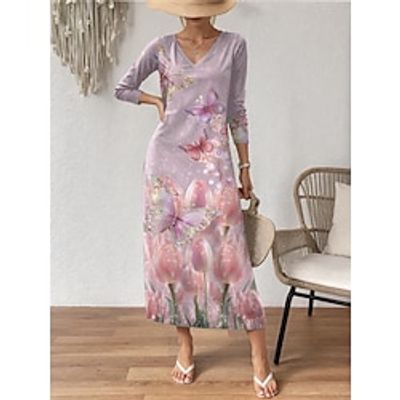 Women's Casual Dress Shift Dress Floral Butterfly Print V Neck Long Dress Maxi Dress Elegant Valentine's Day Date Long Sleeve Regular Fit Yellow Pink Blue Spring S M L XL 2XL Lightinthebox