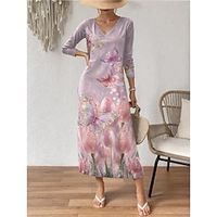 Women's Casual Dress Shift Dress Floral Butterfly Print V Neck Long Dress Maxi Dress Elegant Valentine's Day Date Long Sleeve Regular Fit Yellow Pink Blue Spring S M L XL 2XL Lightinthebox - thumbnail