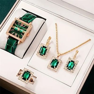 5pcs/set Women's Watch Vintage Square Pointer Quartz Watch Analog Green Wrist Watch  Rhinestone Jewelry Set, Gift For Mom Her miniinthebox