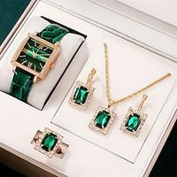 5pcs/set Women's Watch Vintage Square Pointer Quartz Watch Analog Green Wrist Watch  Rhinestone Jewelry Set, Gift For Mom Her miniinthebox - thumbnail