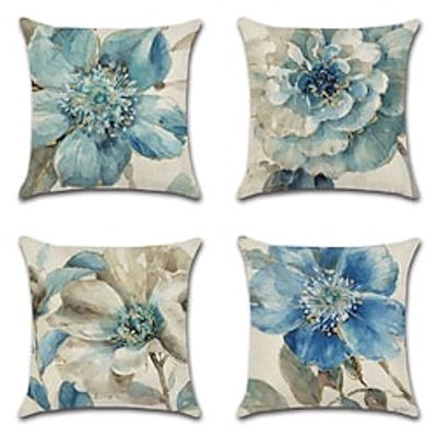 Blue Flower Double Side Cushion Cover 4PCS Soft Decorative Square Throw Pillow Cover Cushion Case Pillowcase for Sofa Bedroom Superior Quality Machine Washable Lightinthebox