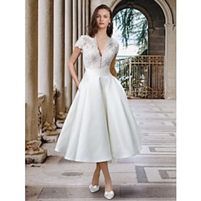 Little White Dresses Wedding Dresses A-Line V Neck Short Sleeve Tea Length Satin Bridal Gowns With Pleats Solid Color 2023 Lightinthebox