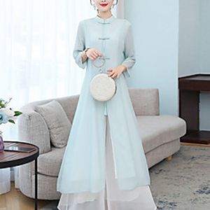 Women's A Line Dress Midi Dress White Light Green 34 Length Sleeve Pure Color Split Chiffon Button Spring Summer Stand Collar Vintage Traditional Chinoiserie 2022 S M L XL Lightinthebox