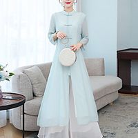 Women's A Line Dress Midi Dress White Light Green 34 Length Sleeve Pure Color Split Chiffon Button Spring Summer Stand Collar Vintage Traditional Chinoiserie 2022 S M L XL Lightinthebox - thumbnail