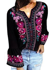 V Neck Floral Printed Bell Sleeve T-shirt