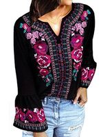 V Neck Floral Printed Bell Sleeve T-shirt - thumbnail
