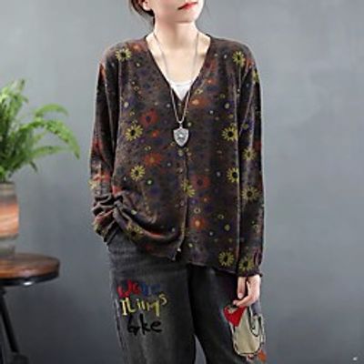 retro literary print knitted cardigan women's spring 2021 new small daisy jacket loose and thin long-sleeved top miniinthebox