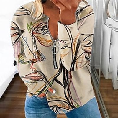 Women's Plus Size Tops Pullover Sweatshirt Abstract Zipper Print Long Sleeve Round Neck Casual Daily Vacation Polyester Fall Winter Blue Yellow miniinthebox