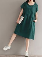 Casual Solid Color Loose Waist O-Neck Short Sleeve Women Dresses