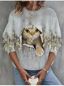 Women's Cute 3D Cat Print Casual Round Neck Sweatshirt Christmas Holiday Party Sweatshirt
