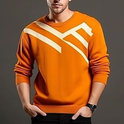 Geometry Casual Men's Print Knitting Pullover Sweater Jumper Knitwear Outdoor Daily Vacation Long Sleeve Crewneck Sweaters Orange and White White Yellow Fall Winter S M L Sweaters Lightinthebox