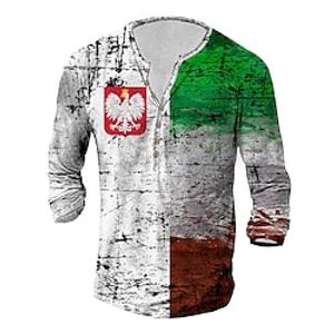 Men's Henley Shirt T shirt Tee 3D Print Graphic Patterned National Flag Henley Street Daily Button-Down Print Long Sleeve Tops Casual Fashion Comfortable Green / White miniinthebox