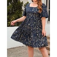 Women's Plus Size Curve Casual Dress Swing Dress Skater Dress Solid Color Star Midi Dress Half Sleeve Ruffle Print Square Neck Fashion Outdoor Black Red Fall Winter XL 2XL 3XL 4XL Lightinthebox - thumbnail