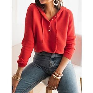 Women's Pullover Sweater Jumper Hooded Ribbed Knit Polyester Button Knitted Fall Winter Regular Outdoor Daily Going out Fashion Streetwear Casual Long Sleeve Solid Color Black White Red S M L miniinthebox