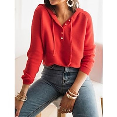Women's Pullover Sweater Jumper Hooded Ribbed Knit Polyester Button Knitted Fall Winter Regular Outdoor Daily Going out Fashion Streetwear Casual Long Sleeve Solid Color Black White Red S M L miniinthebox