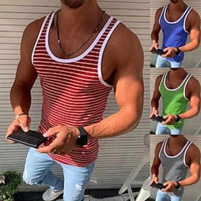Men's Sleeveless Running Tank Top Tee Tshirt Top Athletic Summer Cotton Breathable Quick Dry Moisture Wicking Running Active Training Walking Jogging Exercise Sportswear Stripes Green Gray Red Blue Lightinthebox