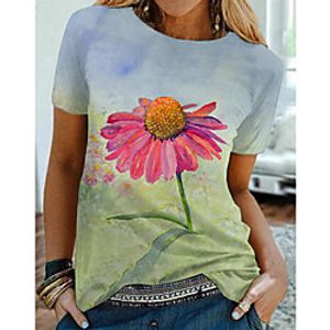 Women's Floral Theme Daisy Painting T shirt Floral Graphic Print Round Neck Basic Tops Green miniinthebox