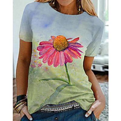 Women's Floral Theme Daisy Painting T shirt Floral Graphic Print Round Neck Basic Tops Green miniinthebox