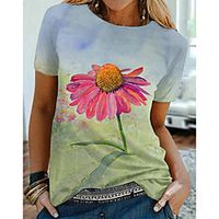 Women's Floral Theme Daisy Painting T shirt Floral Graphic Print Round Neck Basic Tops Green miniinthebox - thumbnail