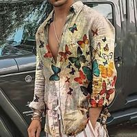 Graphic Butterfly Comfortable Fashion Casual Men's Shirt Button Up Shirt Casual Shirt Holiday Vacation Casual Daily Spring   Fall Turndown Long Sleeve Blue, Brown, Green S, M, L Polyester Shirt Lightinthebox