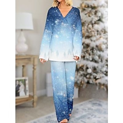 Women's Christmas Pajamas Sets Snowman Snowflake Fashion Comfort Soft Christmas Daily Bed Spandex Breathable V Wire Long Sleeve T shirt Tee Pant Pocket Fall Winter Navy Blue Blue Lightinthebox