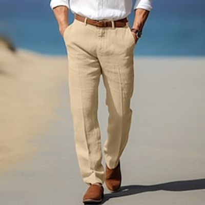Men's Linen Pants Trousers Summer Pants Beach Pants Front Pocket Straight Leg Plain Comfort Breathable Formal Business Holiday Linen Cotton Blend Fashion Basic White Blue Lightinthebox