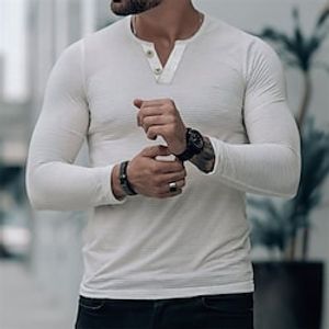 Men's Henley Shirt Solid Color Henley White Holiday Vacation Long Sleeve Button-Down Clothing Apparel Lightweight Casual Comfortable  Spring  Fall Lightinthebox