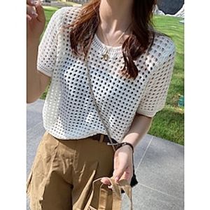 Women's Pullover Sweater Jumper Jumper Ribbed Knit Hole Solid Color Crew Neck Stylish Casual Daily Going out Summer Spring Black White One-Size Lightinthebox
