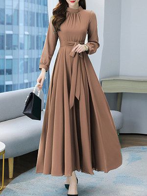 Spring And Autumn Pure Color Chiffon Long Sleeve Dress