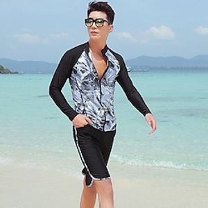 Men's Rashguard Swimsuit Spandex Swimwear Bathing Suit UV Sun Protection UPF50 Breathable Long Sleeve 3-Piece - Swimming Surfing Water Sports Floral / Botanical Autumn / Fall Spring Summer miniinthebox