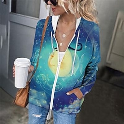 Women's Hoodie Jacket Sports  Outdoors Minimalist Casual Comfortable Drawstring Zipper Pocket Print Daily Wear Vacation Going out Outdoor Coat Regular Blue Pink Yellow Fall Winter Zipper Hoodie Loose Lightinthebox