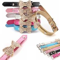 Personalised Rhinestone Diamante Crystal Bow Bling Pet Cat Dog Collar PU Leather - thumbnail