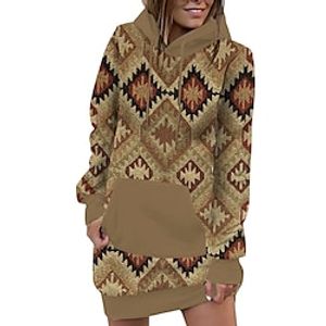 Women's Hoodie Dress Short Mini Dress Khaki Long Sleeve Print Pocket Print Fall Winter Hooded Casual Modern 2022 S M L XL 2XL Lightinthebox