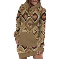 Women's Hoodie Dress Short Mini Dress Khaki Long Sleeve Print Pocket Print Fall Winter Hooded Casual Modern 2022 S M L XL 2XL Lightinthebox - thumbnail