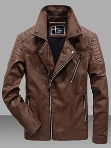 Men Lapel Fleece Lined Zips Pocket PU Leather Plain Jacket