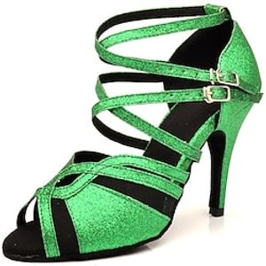 Women's Latin Shoes Dance Shoes Indoor Professional ChaCha Sparkling Shoes Heel Glitter High Heel Peep Toe Cross Strap Adults' Green Lightinthebox