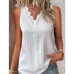 Women's Tank Top White Plain Lace Trims Sleeveless Casual Basic V Neck Regular S miniinthebox