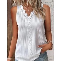 Women's Tank Top White Plain Lace Trims Sleeveless Casual Basic V Neck Regular S miniinthebox - thumbnail