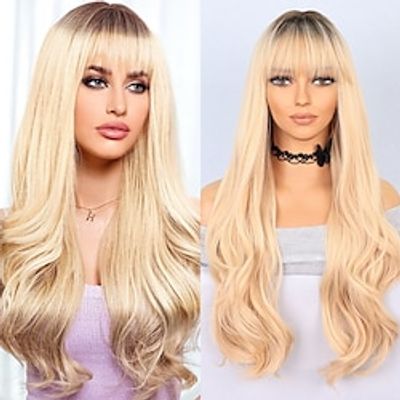 Cosplay Costume Wig Synthetic Wig Body Wave Wavy Neat Bang Machine Made Wig 26 inch Black / Gold Synthetic Hair Women's Multi-color Mixed Color miniinthebox