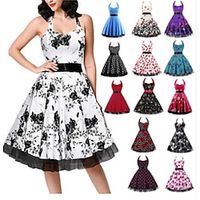 Women's Christmas Party Dress Homecoming Dress Cocktail Dress Mini Dress Black White Cream Sleeveless Floral Print Spring Fall Winter Halter Neck Vintage Christmas Birthday Lightinthebox - thumbnail