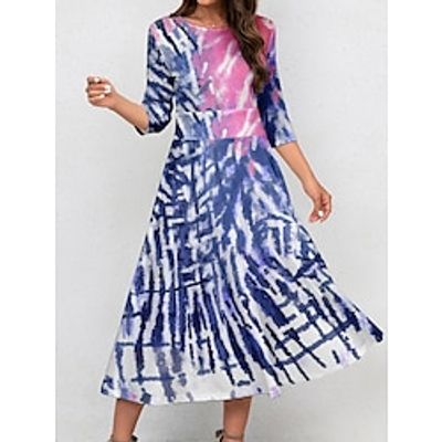 Women's Retro 1950s Vintage Dress Midi Dress Daily Date Print Tie Dye Crew Neck 34 Length Sleeve Slim Spring 2023 Navy Blue Blue S M L XL Lightinthebox