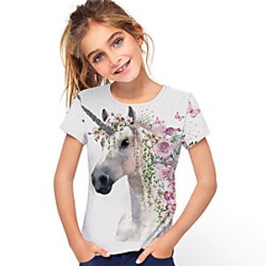 Kids Girls' T shirt Short Sleeve Gray 3D Print Unicorn Animal Daily Indoor Outdoor Active Fashion Streetwear Adorable 3-12 Years Lightinthebox