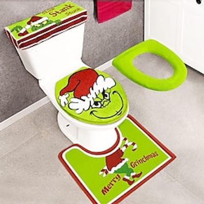 Christmas Decorations - Xmas Bathroom Sets - Grinchs Decor Toilet Seat Cover and Rug for Indoor Home Set of 4 (Red - Green) miniinthebox