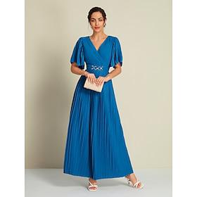 Dark Blue Chiffon Pleated Party/Wedding Guest Short Sleeve V Neck Maxi Dressdress to impress 2024