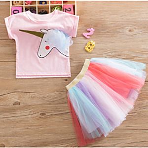 Kids Girls' Clothing Set Short Sleeve Blushing Pink Unicorn Graphic Print Active Regular Knee-length 3-12 Years miniinthebox