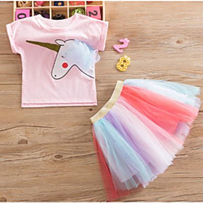 Kids Girls' Clothing Set Short Sleeve Blushing Pink Unicorn Graphic Print Active Regular Knee-length 3-12 Years miniinthebox