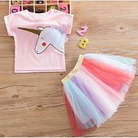 Kids Girls' Clothing Set Short Sleeve Blushing Pink Unicorn Graphic Print Active Regular Knee-length 3-12 Years miniinthebox - thumbnail