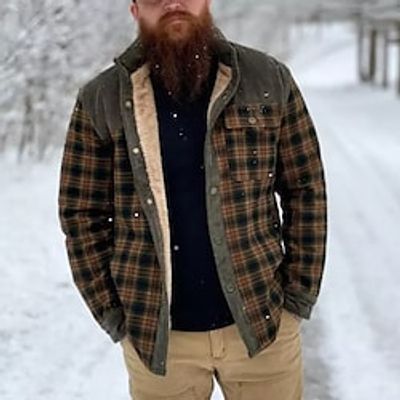 Men's Winter Jacket Shirt Jacket Winter Coat Sherpa jacket Fleece Jacket Warm Casual Jacket Outerwear Plaid / Check Shallow army Deep army Red coffee miniinthebox
