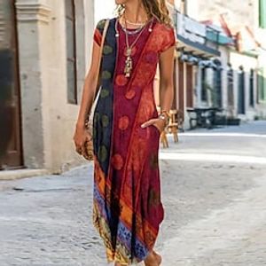 Women's Casual Dress Ethnic Dress Shift Dress Long Dress Maxi Dress Black Pink Wine Short Sleeve Floral Print Spring Summer Crew Neck Vintage Daily Vacation Weekend 2023 S M L XL XXL 3XL miniinthebox